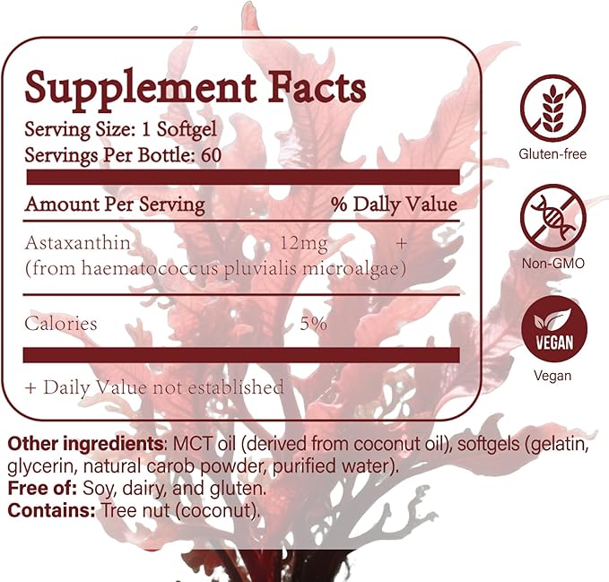 Astaxanthin 12mg 60 Softgels Natural Antioxidant Supplement from Microalgae Non-GMO Soy Free Supports Skin Health Easy to Swallow Softgels 2 Month Supply (1)