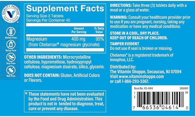 The Vitamin Shoppe Magnesium Glycinate 400 MG - Muscle Relaxation Bone Health &amp Calm Support Gentle on Stomach (135 Tablets)