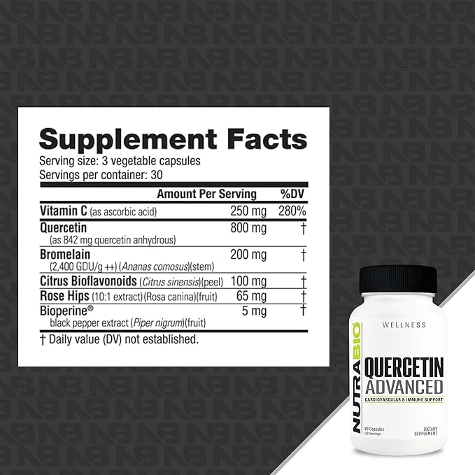 NutraBio Quercetin Advanced with Added Vitamin C and Bromelain - Potent Antioxidant - 90 Capsules - Dietary Supplement