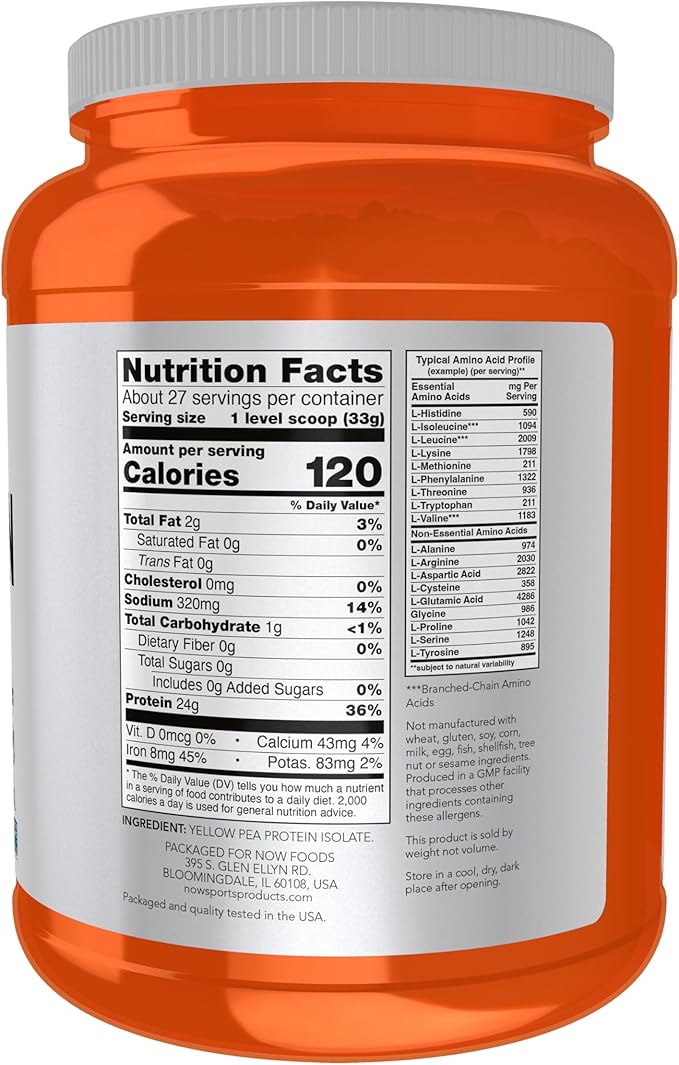 NOW Foods Sports Nutrition Pea Protein 24 g Fast Absorbing Unflavored Powder 2-Pound