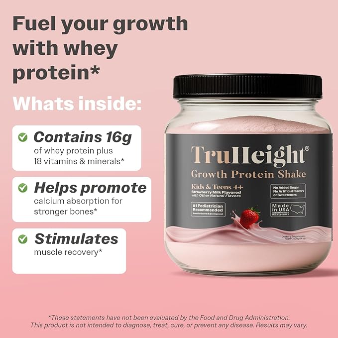 TruHeight Growth Protein Shake (Strawberry Milk Flavor Whey) Growth &amp Development Protein Powder for Kids &amp Teens - Pediatric Weight Gain Drinks - Picky Eater Vitamin Ages 4+