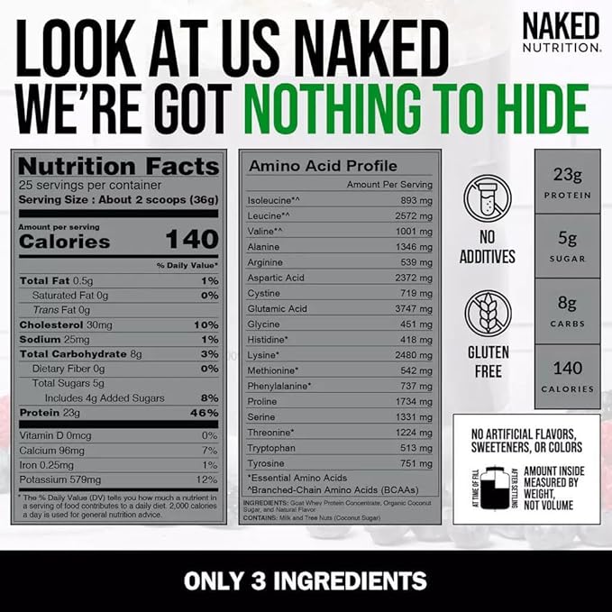NAKED Goat Vanilla Protein Powder - Pasture Fed Goat Whey Protein Powder from Small-Herd Dairies - Only 3 Ingredients - GMO Free Soy Free - All Natural - 23 Grams of Protein - 25 Servings