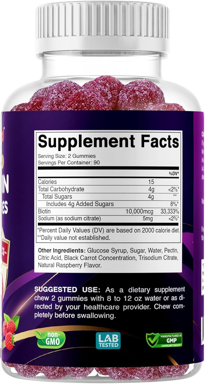 Biotin Gummies 10000 mcg – 180 Vegan Gummies Hair Skin &amp Nails Support for Women Men &amp Kids – Non-GMO Gluten-Free Delicious Flavor