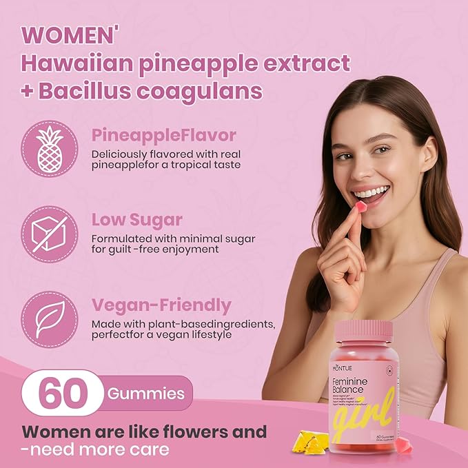 Pineapple Probiotic Gummies for Women pH Balance 10B CFU Bacillus Coagulans 200mg Vitamin C Sugar-Free Feminine Support for Vaginal Health &amp Odor Vegan Gluten-Free 60 Gummies (30 Servings)