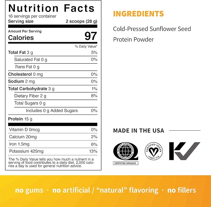 Sprout Living Simple Sunflower Seed Protein Powder 15 Grams Organic Plant Based Protein Powder Without Artificial Sweeteners Non Dairy Non-GMO Vegan Gluten Free Keto Drink Mix (1 Pound)