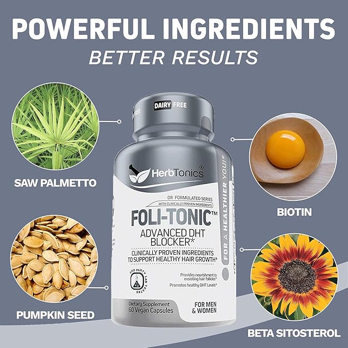 Hair Growth Vitamins for Women &amp Men | DHT Blocker with Saw Palmetto &amp 10000mcg Biotin Foli Tonic Hair Growth Supplement – Supports Fuller Thicker Hair Appearance Non-GMO 60 Vegan Capsules