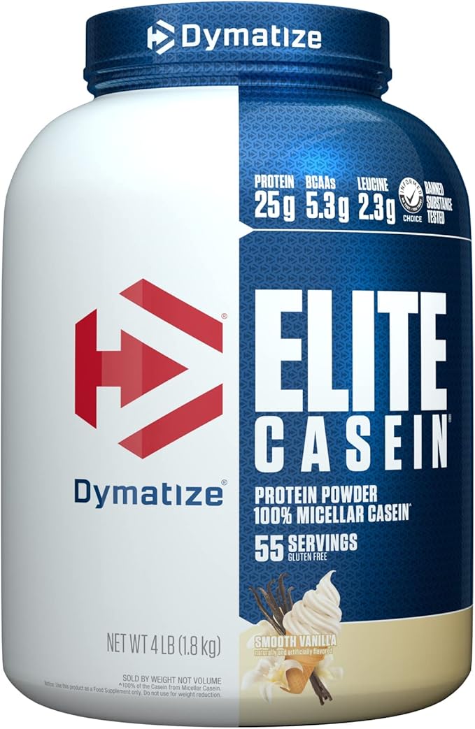 Dymatize Elite Casein Protein Powder Vanilla 100% Micellar Casein 25g Protein 5.4g BCAAs 2.3g Leucine Slow Absorbing for Overnight Muscle Recovery 4 lb (55 Servings)