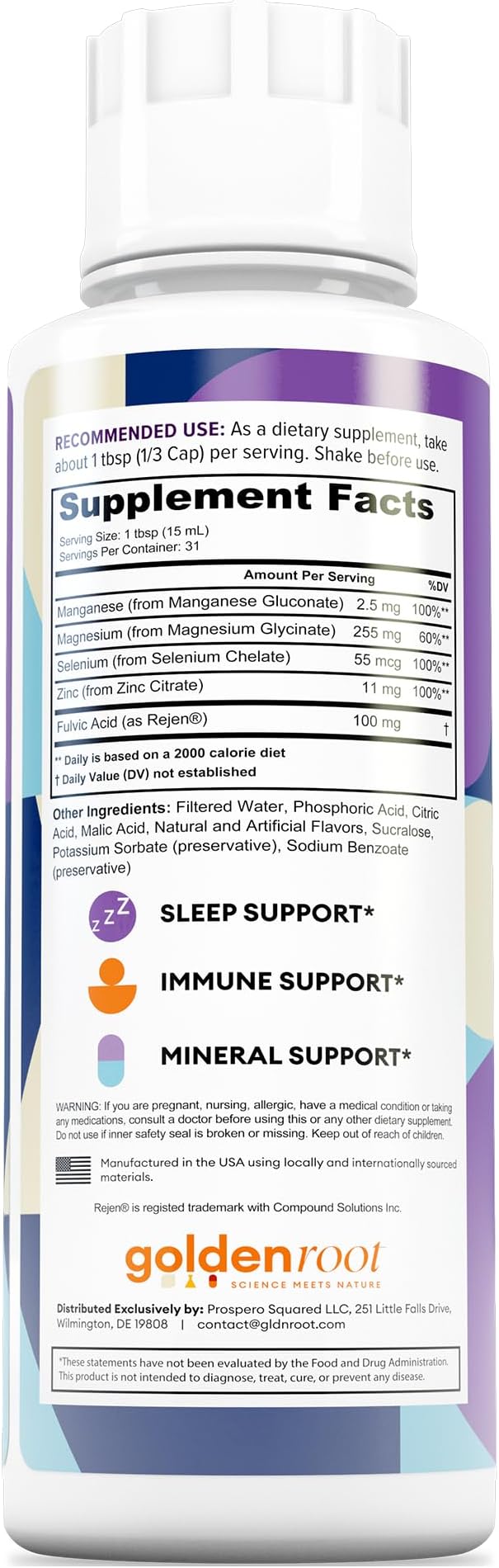 GLDN Magnesium - Liquid Magnesium Glycinate 255mg with fulvic Acid for Improved Absorption Plus Key Electrolytes Selenium Manganese and zinc for Sleep and cortisol Support - 31 Servings