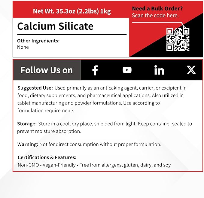 Calcium Silicate - 1 kg (2.2 lb) - Calcium Salt Food Grade &amp Pharmaceutical Flow Agent Carrier Excipient