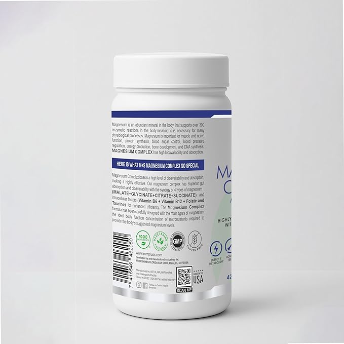 M+S Magnesium Complex – 420 mg of Magnesium Glycinate Magnesium Citrate Magnesium Malate Promotes Healthy Bones Supports Nerve and Muscle Functions – Fast Absorption Non-GMO Vegan