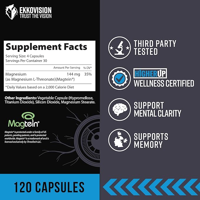 Ekkovision Magtein Magnesium L-Threonate Memory &amp Cognitive Function Support Magnesium Supplement with Essential Minerals for Men &amp Women 2000 MG Per Serving 120 Easy-to-Swallow Capsules