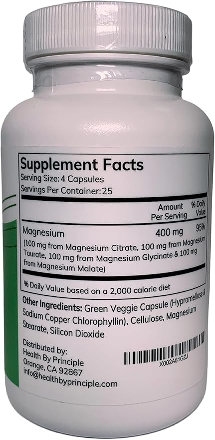 Magnesium Supplement | 4 Types of Magnesium in 1 Capsule | Glycinate Malate Taurate &amp Citrate for Muscles &amp Sleep | High Absorption | Vegan Non-GMO | 100 Capsules