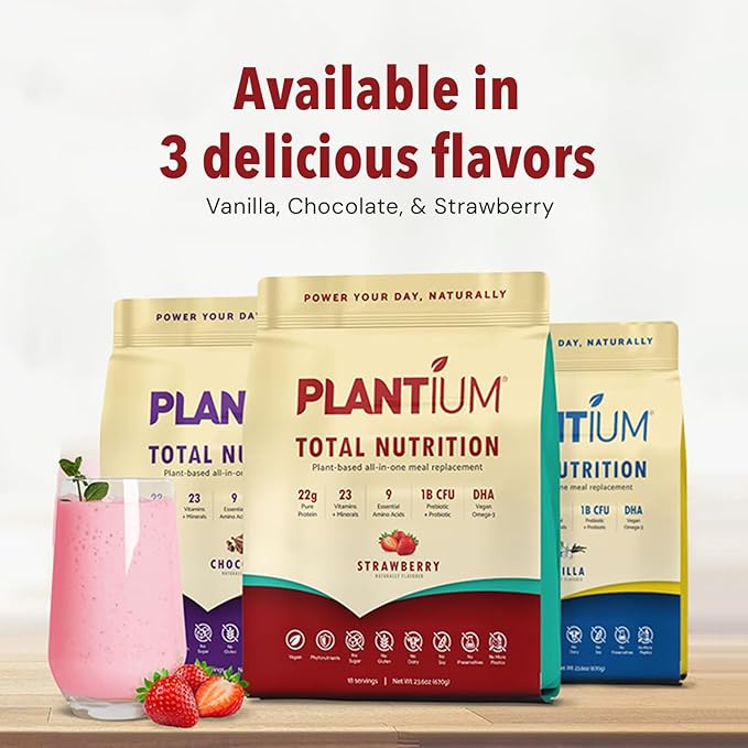 Plantium Total Nutrition Premium All-in-One Meal Replacement Shake Plant-Based Protein Powder with Vitamins Minerals &amp Probiotics 22g Protein per Serving Strawberry
