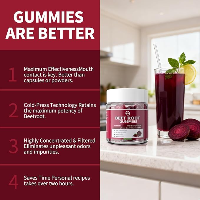 M inch Beet Root Gummies Blood* Pressure Support &amp Nitric Oxide Booster 8-in-1 Wellness Formula with Grape Seed Coq10 Folic Acid Vitamin C B3 &amp B12 Sugar Free Vegan Pomegranate Flavor