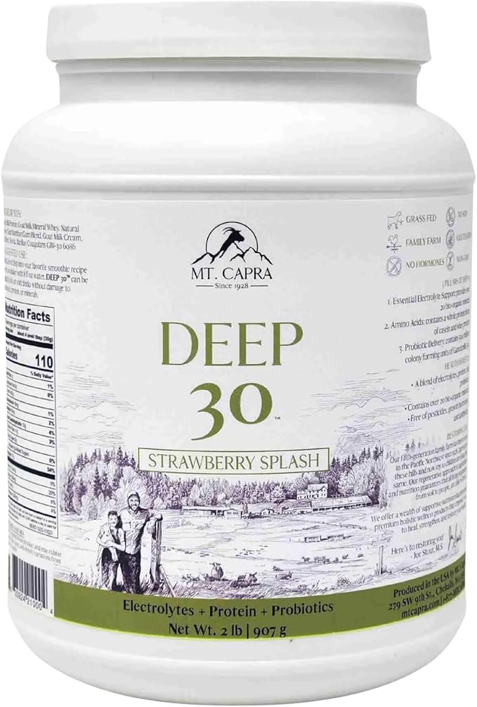 Mt. Capra Deep 30 | Meal Replacement Shake Goat Protein Powder with Grass-Fed Whey Protein Casein Protein Minerals and BC-30 Probiotics | Strawberry Splash | 30 Servings - 2 Pounds