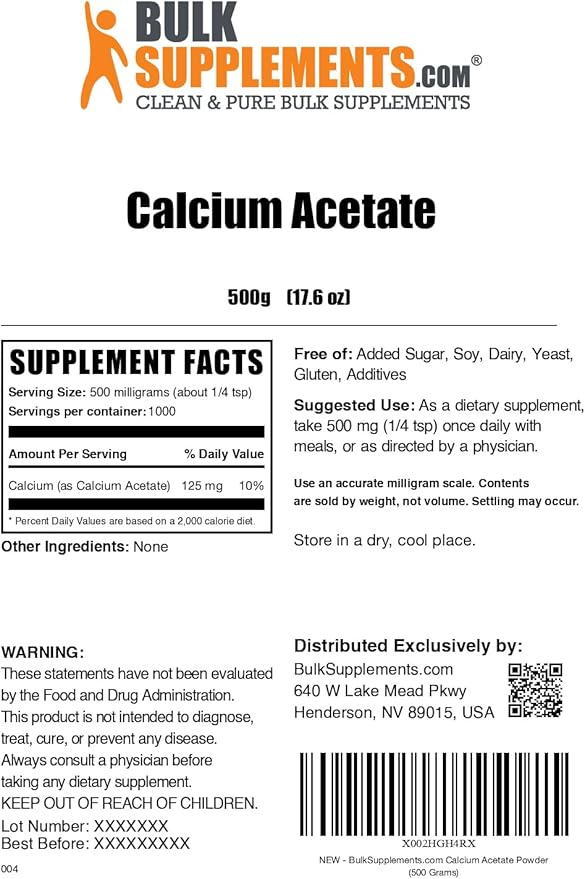 BulkSupplements.com Calcium Acetate Powder - Calcium Supplement Food Grade - Pure &amp Gluten Free 500mg per Serving 500g (1.1 lbs) (Pack of 1)