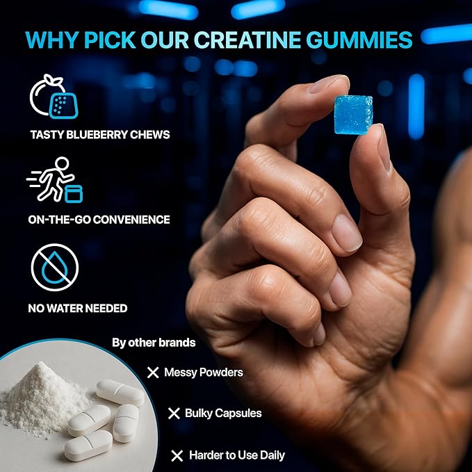Creatine Monohydrate Gummies 8500mg Complex for Men &amp Women - Pre Workout Creatine Chews for Muscle Growth Strength &amp Energy Sugar Free Vegan Blueberry Flavor - 120 Count