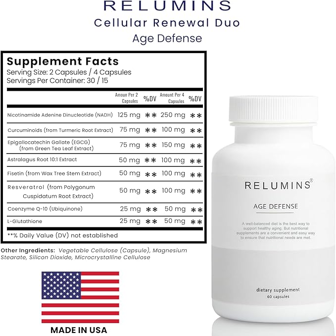 Relumins Cellular Renewal Duo – Advanced Cell Regenerator + Age Defense Complex – NAD+ &amp Energy Support with Resveratrol CoQ10 &amp Glutathione – Two-Step Daily Wellness System