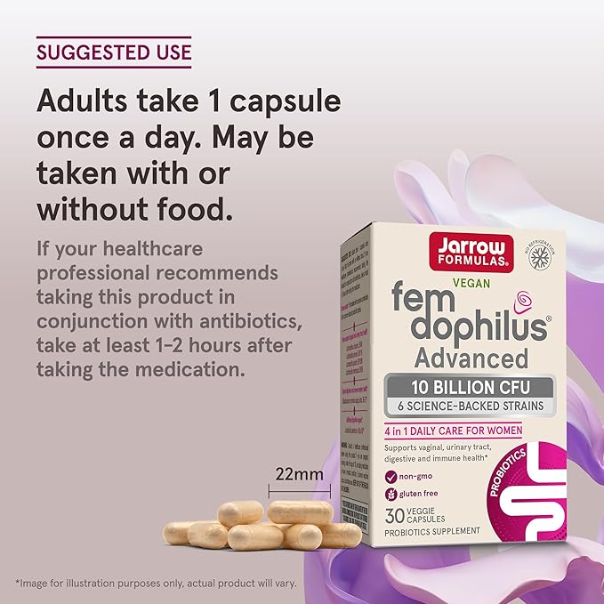 Jarrow Formulas Fem-Dophilus Advanced Vaginal &amp Digestive Probiotics 10 Billion CFU with 6 Science Backed Strains for Vaginal Urinary Tract Digestive &amp Immune Support 30 Capsules Shelf-St