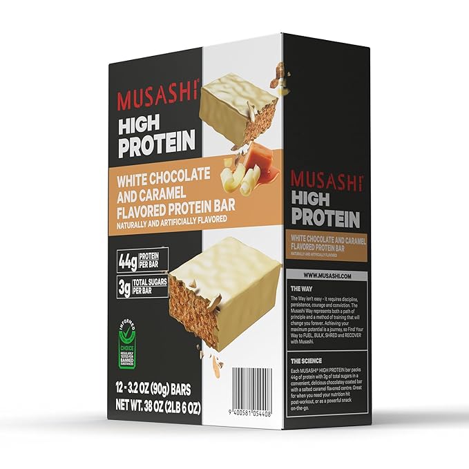 MUSASHI High Protein Bar 45g Protein 2g Total Sugars White Chocolate Caramel Post Workout and Protein Snack On The Go 12 Pack of 3.2oz (90g) Bars