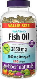 Webber Naturals Fish Oil 2850 mg High Potency 1800 mg Omega-3 per Serving 240 Clear Enteric Softgels No Fishy Aftertaste Ultra-Purified Supports Heart Cognitive and Joint Health