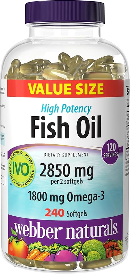 Webber Naturals Fish Oil 2850 mg High Potency 1800 mg Omega-3 per Serving 240 Clear Enteric Softgels No Fishy Aftertaste Ultra-Purified Supports Heart Cognitive and Joint Health