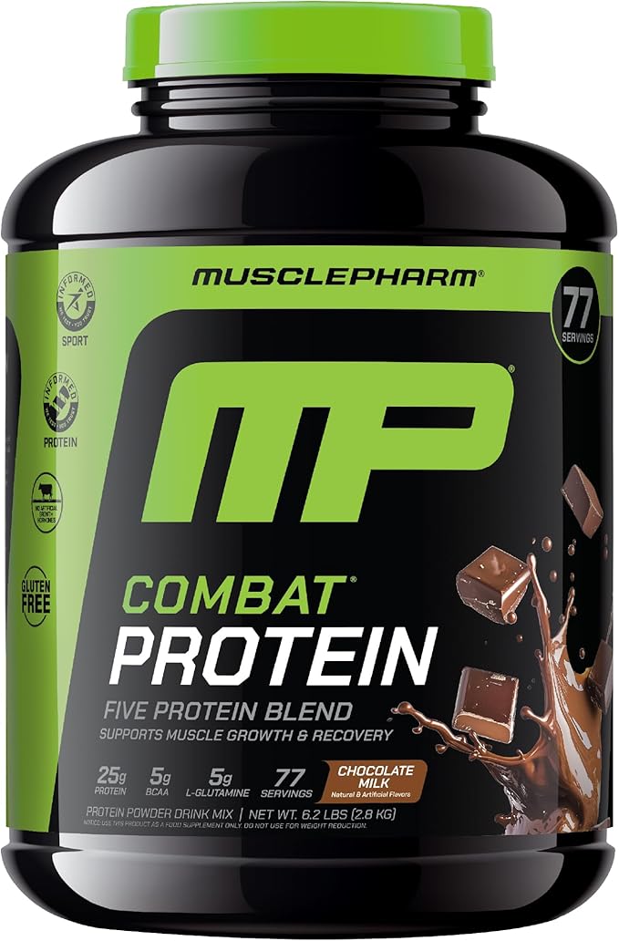 MusclePharm Combat Protein Powder Chocolate Milk Flavor Fuels Muscles for Productive Workouts 5 Protein Sources Including Whey Protein Isolate &amp Egg Albumin Gluten Free 6.2 lb 77 Servings