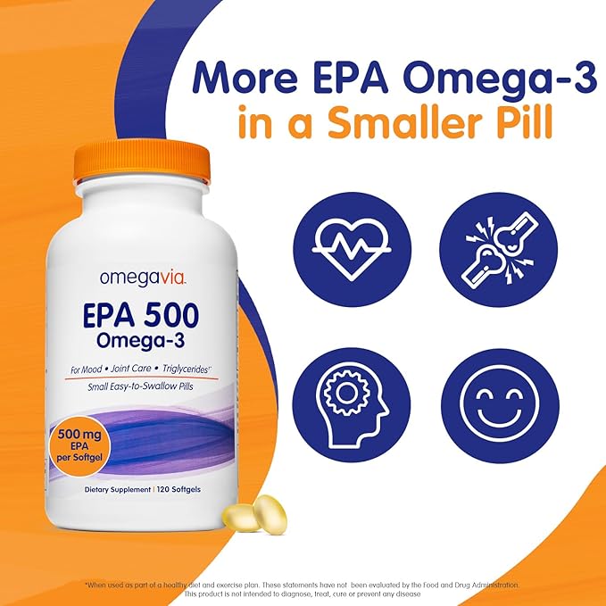OmegaVia EPA 500 Purified Omega-3 Fish Oil Supplement 500 mg EPA in Triglyceride Form Burpless Fish Oil Non-GMO Gluten-Free IFOS 5-Star 120 Softgels (Pack of 2)