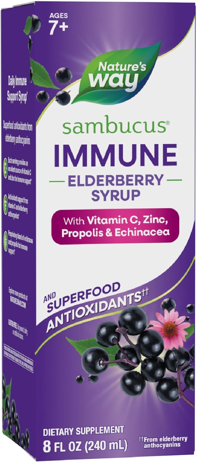 Nature's Way Sambucus Immune Elderberry Syrup Elderberry extract Vitamin C and Zinc with Propolis &amp Echinacea for Immune Support* with Superfood Antioxidants(1) 8 Fl Oz (Packaging May Vary)