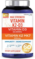 Max Strength D3 K2 Vitamin 10000IU MK7 Complex - 250mcg MK-7 Vitamin K2 D3 Supplement - Coloring Preservative Free Immune Support Bone Health Supplements VIT D K - 2 Month 60 One-a-Day Tablets