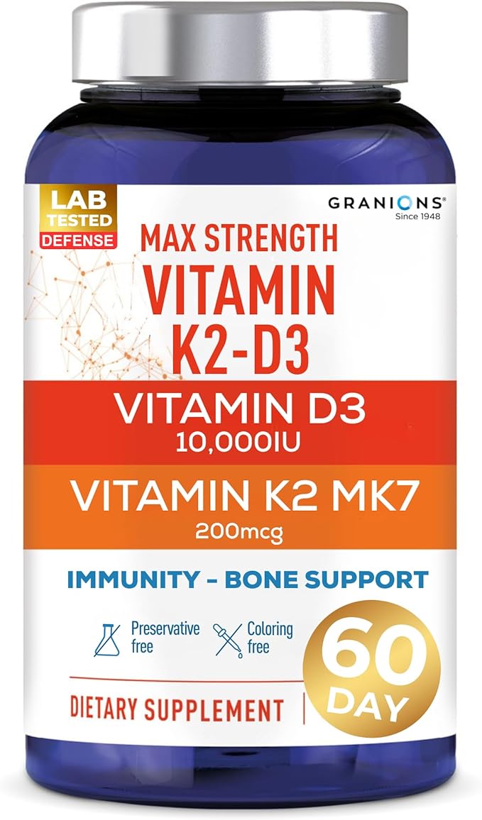 Max Strength D3 K2 Vitamin 10000IU MK7 Complex - 250mcg MK-7 Vitamin K2 D3 Supplement - Coloring Preservative Free Immune Support Bone Health Supplements VIT D K - 2 Month 60 One-a-Day Tablets