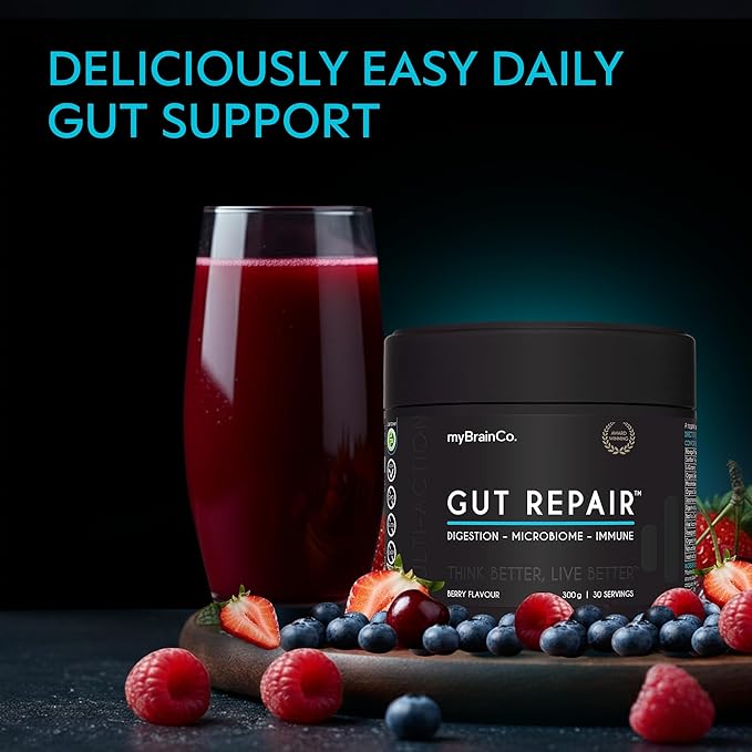 myBrainCo. Gut Repair – Gut Health &amp Digestion Support Powder for IBS Bloating Reflux &amp Leaky Gut – Low FODMAP Certified with Probiotics Prebiotics Enzymes &amp Glutamine – 310g