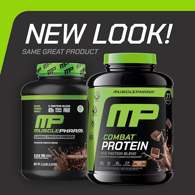 MusclePharm Combat Protein Powder Chocolate Milk Flavor Fuels Muscles for Productive Workouts 5 Protein Sources Including Whey Protein Isolate &amp Egg Albumin Gluten Free 6.2 lb 77 Servings