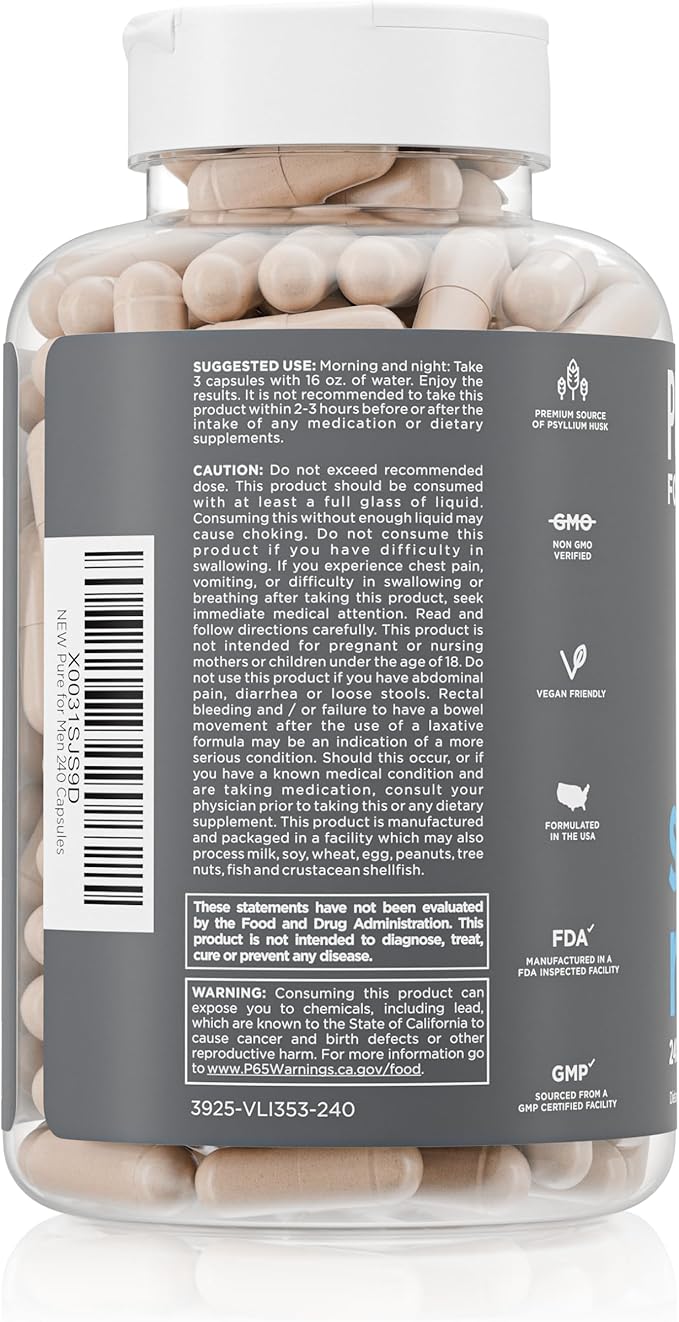 Pure for Men Original Cleanliness Stay Ready Fiber Supplement | Helps Promote Digestive Regularity | Psyllium Husk Aloe Vera Chia Seeds Flaxseeds | Proprietary Formula | 240 Vegan Capsules