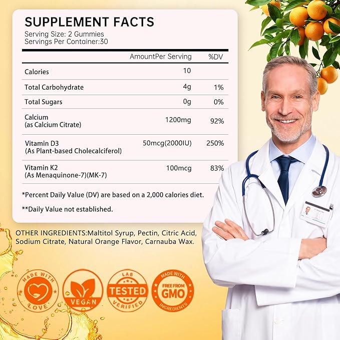 (2 Pack) Calcium Citrate GummiesCalcium 1200 mg with Vitamin D3 and K2 for Women &amp Men.Supports Bone Muscle &amp Teeth - Natural Orange Flavor120 Gummies- 60 Day Vegan Supply