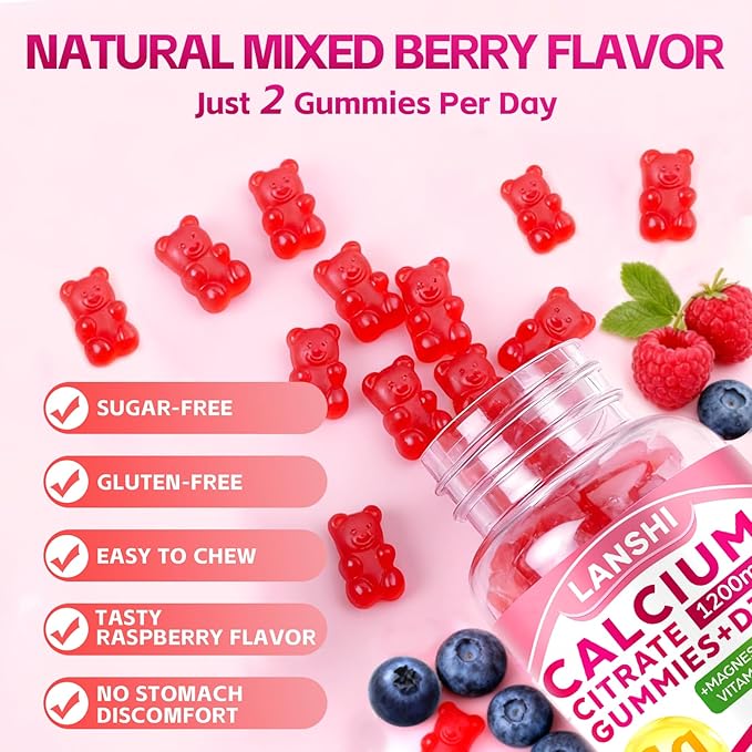 Calcium Citrate Gummies 1200mg with Vitamin D3 &amp K2 Supplements for Women &amp Men High Absorption Calcium Gummies Plus Magnesium Zinc for Strong Bones &amp Immune Support Mixed Berry Flavor