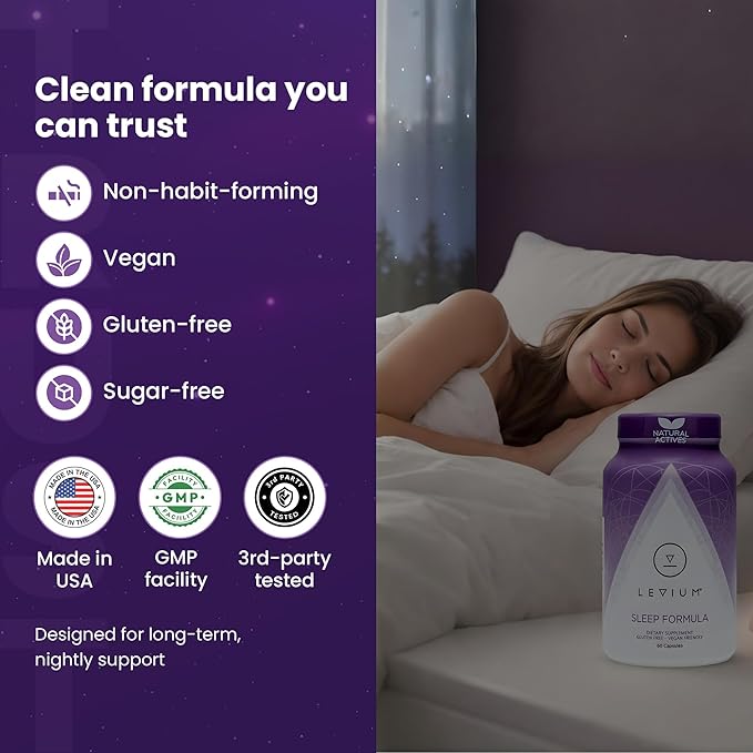 Levium Sleep Formula Supplement | Natural Relaxation Aid Capsules with Melatonin GABA L-Theanine Magnesium | 60 Count Bottle – 30 Day Supply