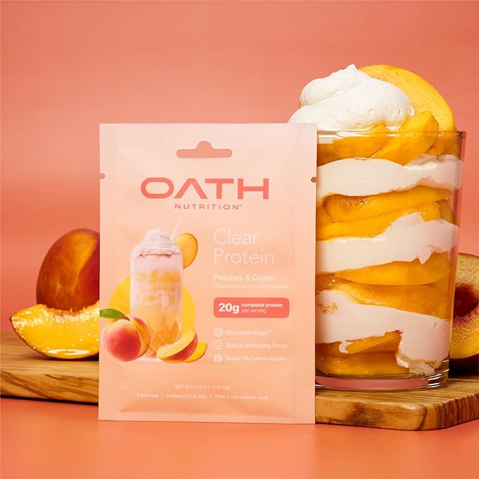 Oath Nutrition Clear Whey Isolate Protein Powder Peaches &amp Cream 20g Complete Protein per Serving No Added Sugar Grass-Fed Single Serving (6 Count)