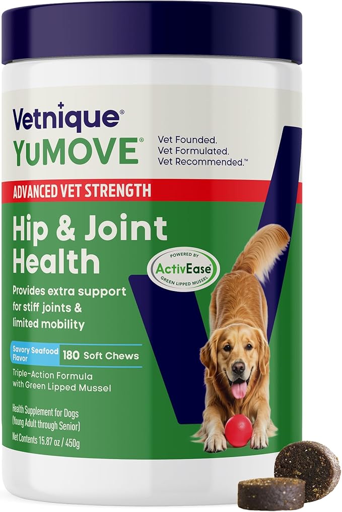 Yumove Hip &amp Joint Supplement for Dogs with Glucosamine Hyaluronic Acid Green Lipped Mussel &amp Omega 3 Joint Supplement - Regular or Advanced Strength (180 Count Advanced Vet Strength Soft C