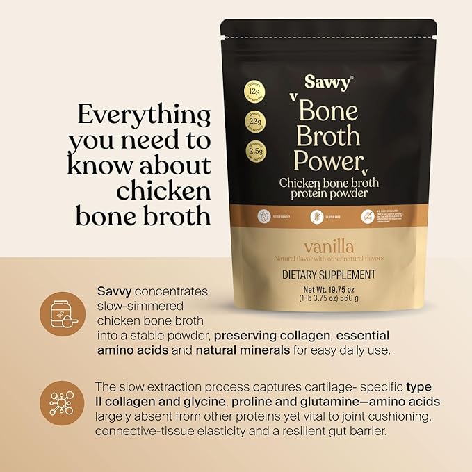SAVVY Bone Broth Power Vanilla Protein Powder – 22g Protein 12g Collagen Glutamine MCTs – Bone Broth for Muscle Joint Digestive &amp Skin Health – Dairy-Free Keto – 560g (16 Servings)