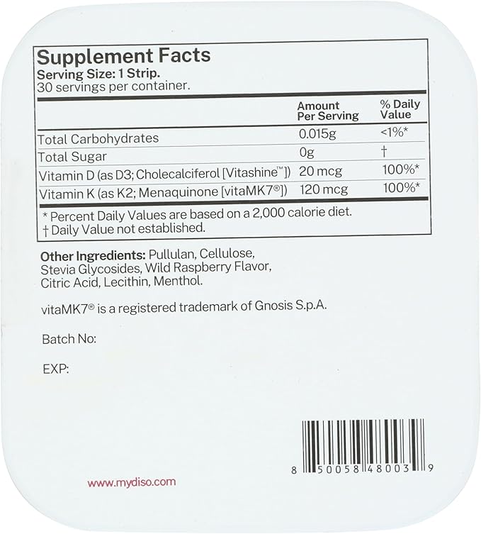 DISO - D3+K2 - Fast-Dissolving Oral Strips Wild Raspberry Flavor Vegan Sugar Free Maximum Absorption Gluten Free Individually Wrapped for Healthy Bones and Teeth 30 Dissolvable Strips