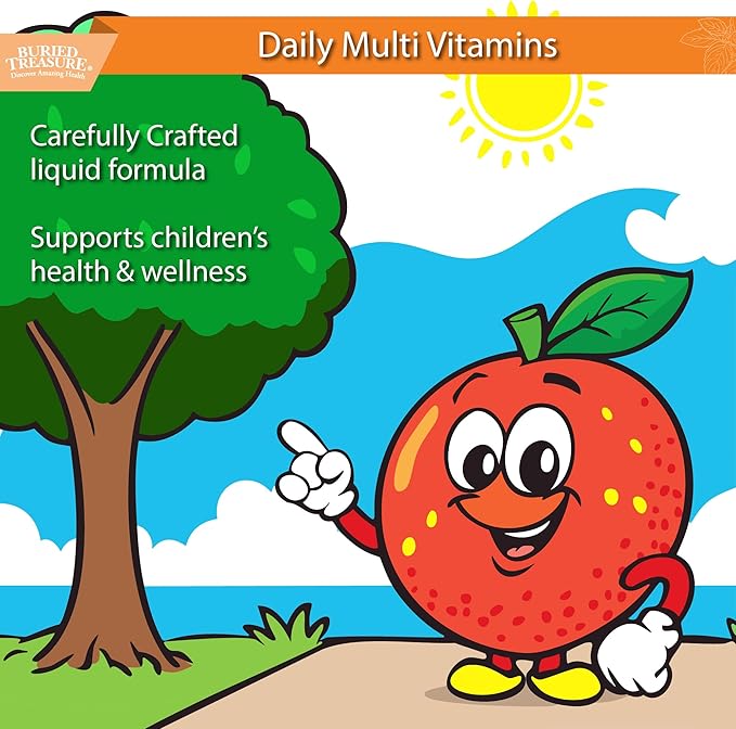 Buried Treasure Children's Daily Multi Liquid Multivitamin &amp Minerals Nutritional Dietary Vegan Supplement for Kids No Artificial Ingredients Non-GMO Natural Fruit Flavors 16 oz w/Dose Cup