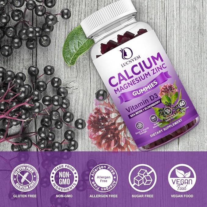 (2 Pack) Sugar Free Calcium Magnesium Zinc Gummies Calcium Magnesium 2:1 Contains Magnesium Glycinate Vitamin D3 Sea Moss for Bones Muscles Calm Mood &amp Sleep Support Vegan 120 Gummies