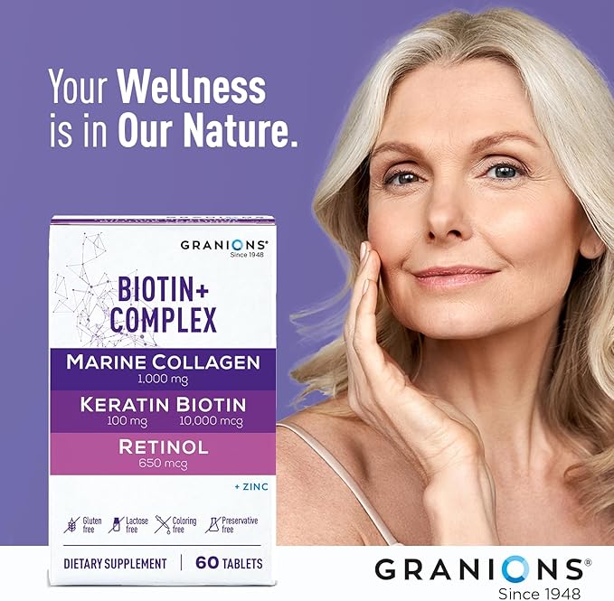 Biotin Collagen Keratin Supplement Hair Growth Tablets – Biotin 10000mcg Marine Collagen Peptides Keratin Retinol Zinc Vitamin B6 - Hair Skin and Nails Complex for Women and Men - 60 Tablets