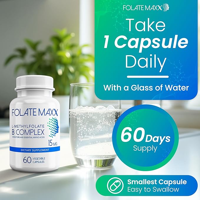 L Methylfolate 15mg with Active Vitamin B Complex – 60 Capsules – High Potency 5-MTHF with B6 Blend and Methyl B12 Supplement – 3-in-1 Non-GMO Gluten Free (2-Month Supply)