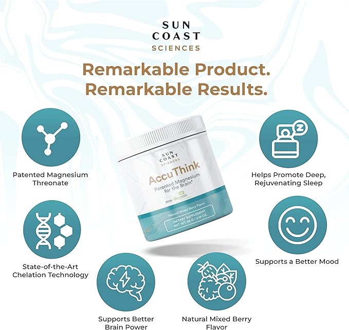 Sun Coast Science Sun Coast Sciences AccuThink - Patented Magnesium Brain - 2.64oz Memory Supplement Brain Health Sleep Mood Boost - Cognitive Support Supplement Magnesium Threonate Vitamin C