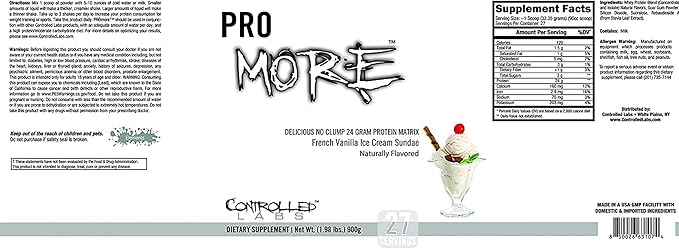 CONTROLLED LABS PROmore Protein Powder (27 Servings) - 24g Protein Per Scoop - 94% Sugar-Free Premium Smooth-Drink Formula (Chocolate Ice Cream Sundae) (27 Servings French Vanilla Ice Cream Sundae)