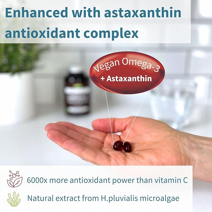 Igennus Vegan Omega-3 Natural Algae Oil DHA &amp EPA Certified Pure Plant Based Fatty Acid Supplement with Astaxanthin Antioxidant 60 Small Softgels 2 per Day 30 Servings