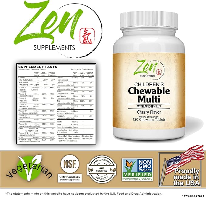 Children's Chewable Multivitamin - Best Kids Vitamins Cherry Flavor Daily Multivitamin with Essential Vitamins Minerals Probiotics - Truly All-in-ONE Solution for Overall Health - 120 Chew Tabs