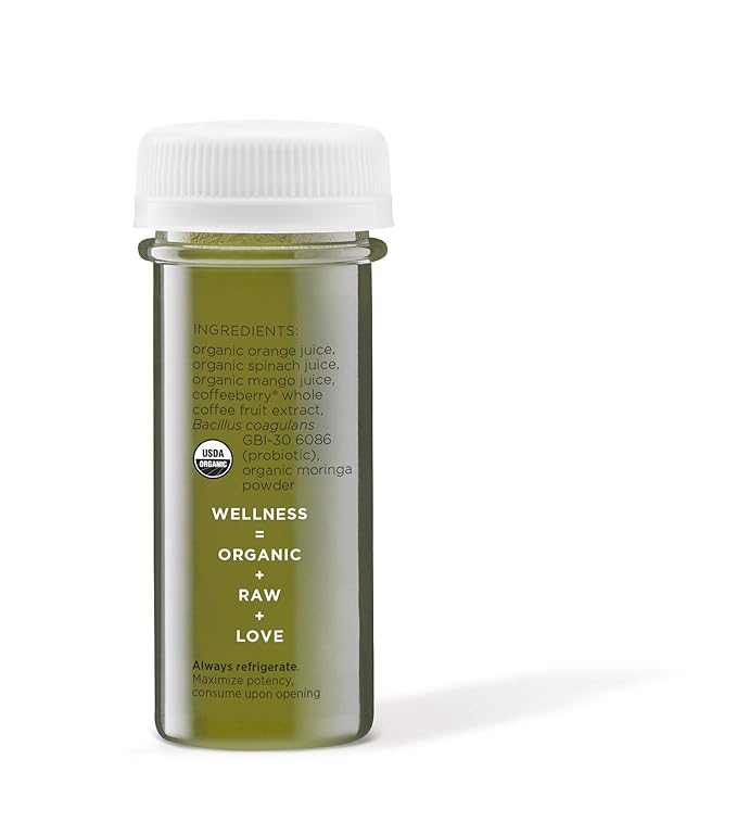 So Good So You | Probiotic Organic Juice Energy Shot | Powered by Natural Caffeine &amp Superfood Moringa | Orange Spinach &amp Mango Juices | 1.7 oz (18 Bottles)